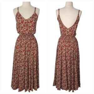 Pampelone Red Beige Floral Alisee Spaghetti Sleeveless Midi Sundress Dress- XS‎